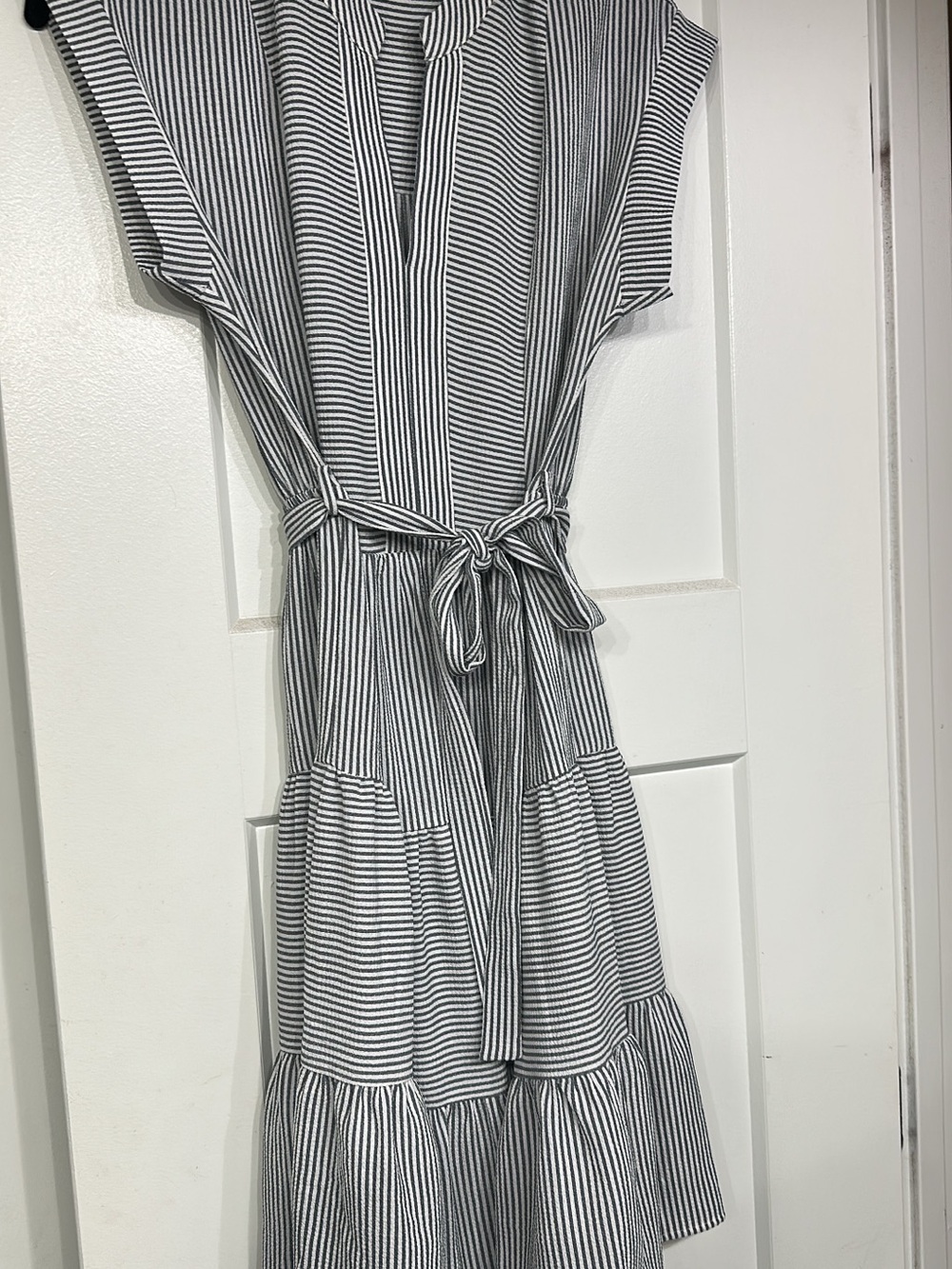 Striped grey and White Tie-Waist Women's Dress